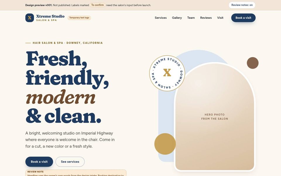 Preview of Concept 1: a cream page with the bold dark blue headline “Fresh, friendly, modern and clean”, rounded shapes and an arched photo placeholder.