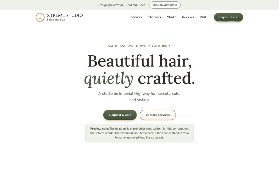Preview of Concept 3: a white page with the centered serif headline “Beautiful hair, quietly crafted” and moss green buttons.